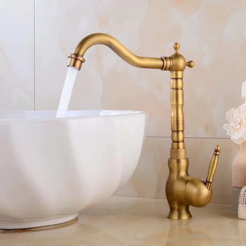 Home Bar Sink - Antique Brass Bathroom Faucet Rotating Spout